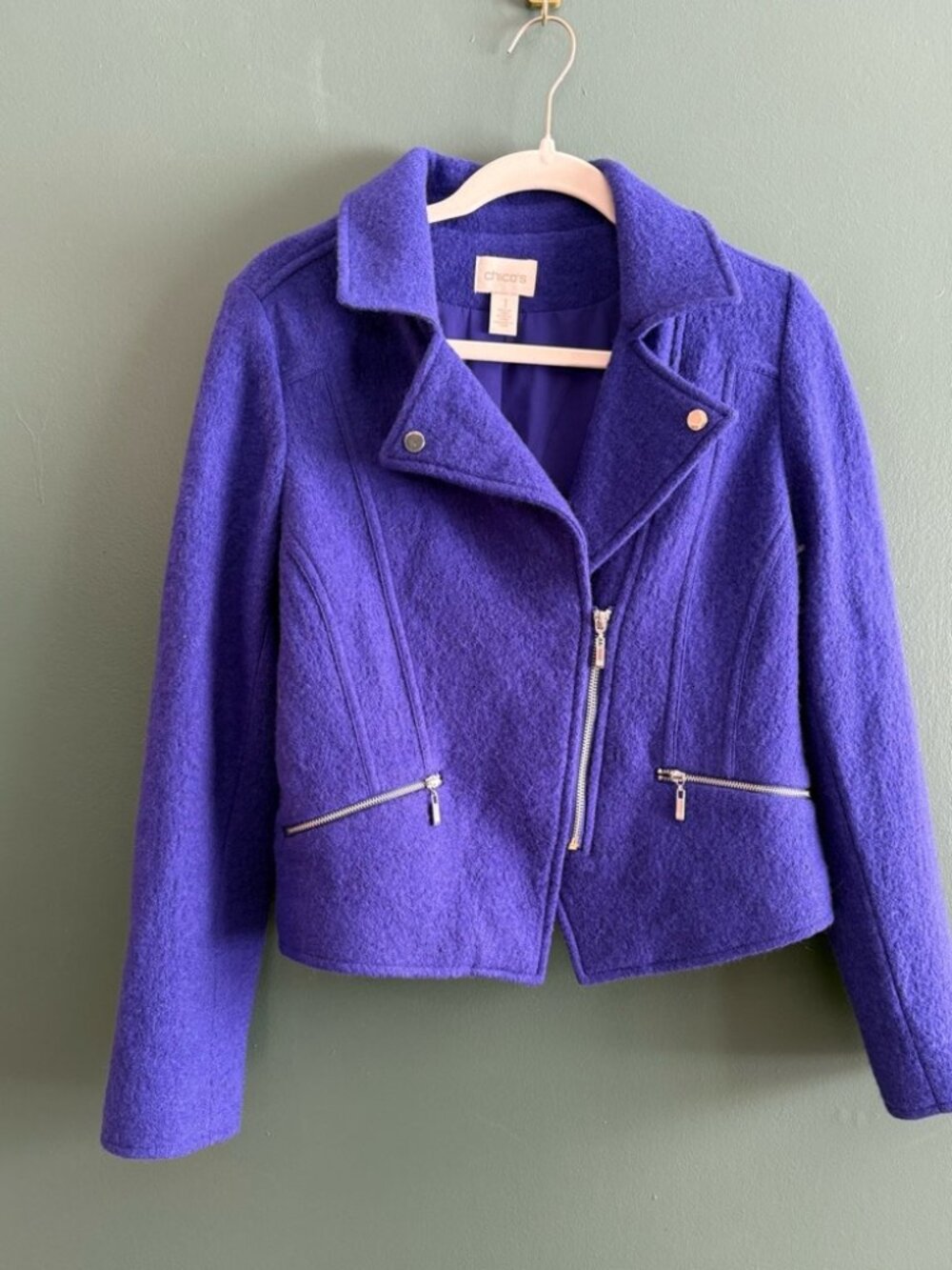 CHICO'S boiled wool moto jacket in royal purple (0/Sm)
